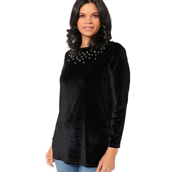 Quacker Factory Emerald Green Velvet Embellished Tunic Top Chunky Stones Size XL - Picture 3 of 6